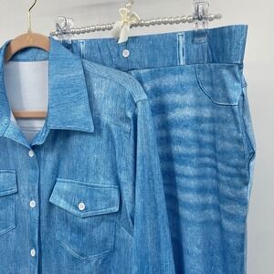 Womens Denim Print Lounge PJ Set, Shirt and Pants, Blue XL